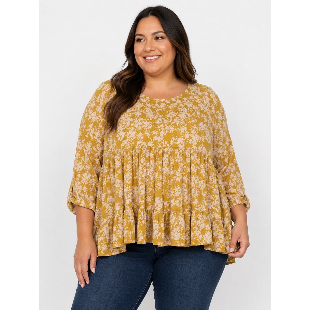 Easel Los Angeles Mustard Yellow Floral Tiered Babydoll Tunic Top Large L Boho